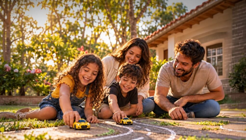 Brincadeira em família no jardim